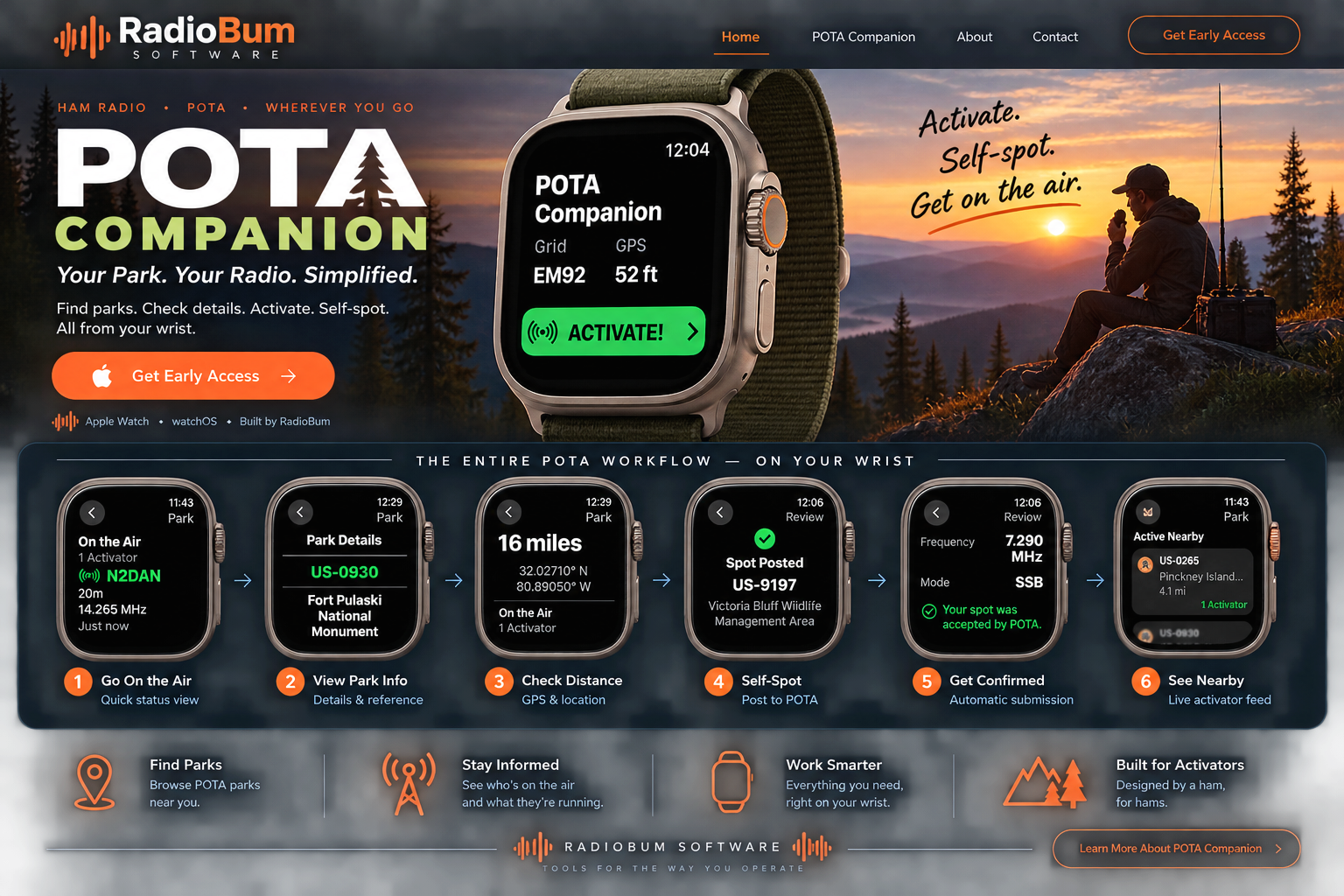 POTA Companion for Apple Watch showing the activation workflow for Parks on the Air